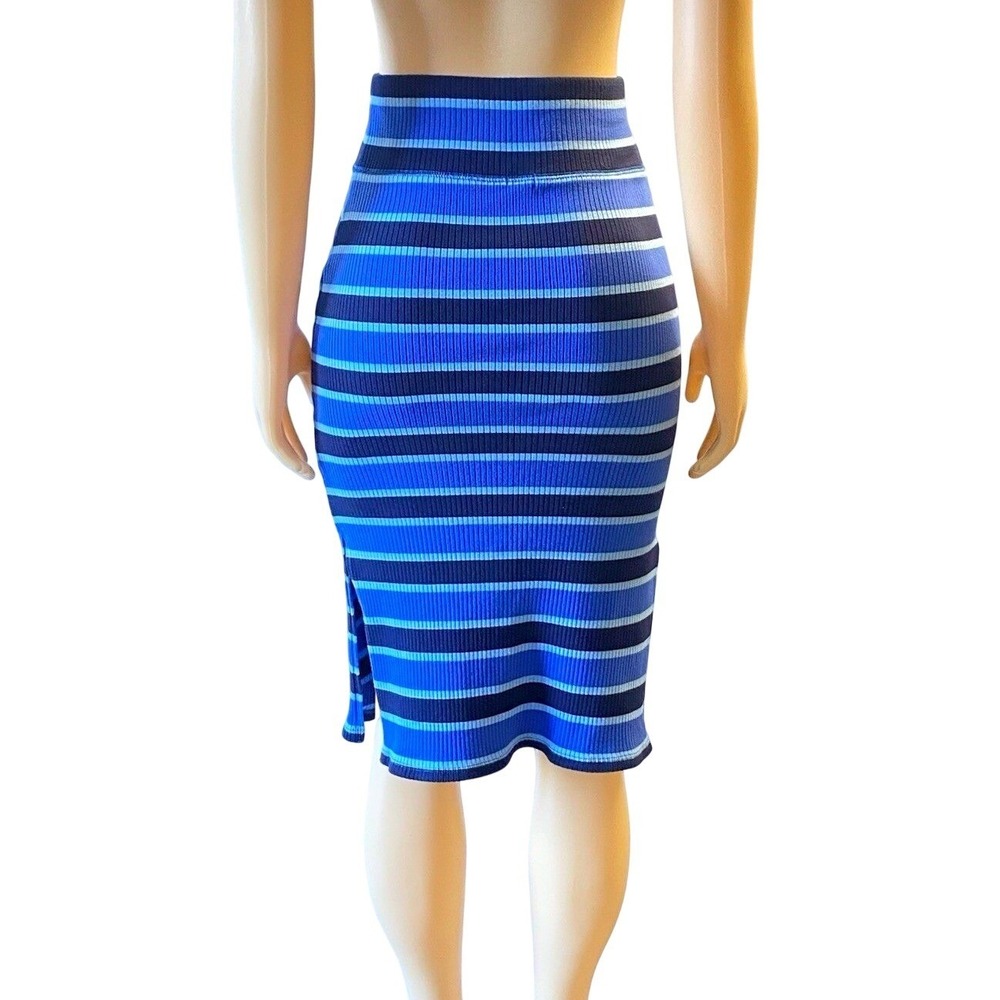 Aerie Ribbed Slit Blue Striped Midi High Waisted Pencil Skirt Small